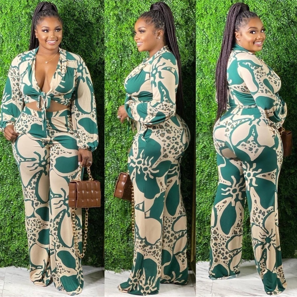 NWT Goodtimes palazzo green with animal print two piece set size 3X